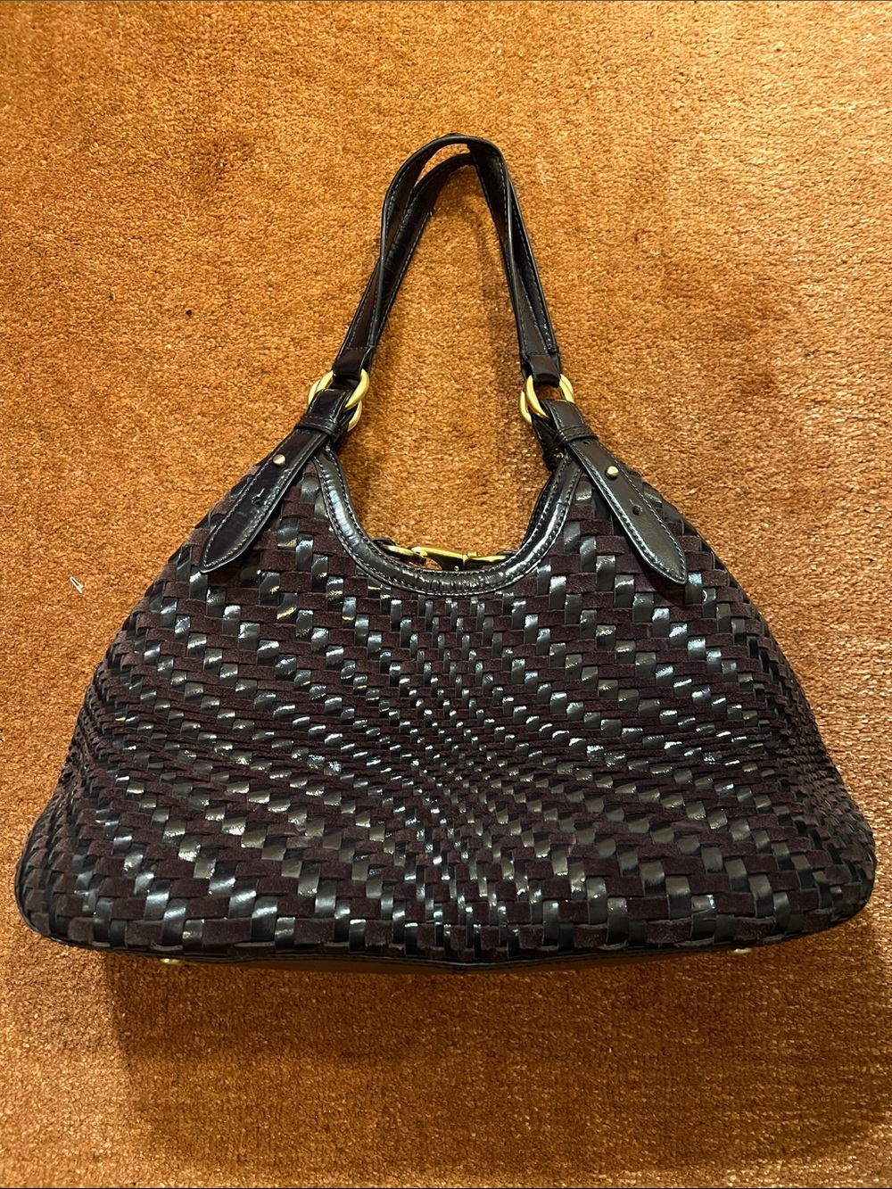 Cole Haan Dark Purple Genevieve Triangle Woven Small Leather Tote